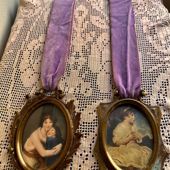 Pair Antique Brass PIcture Frames w/ Silk Portraits and Velvet Ribbons - Picture 2 of 12